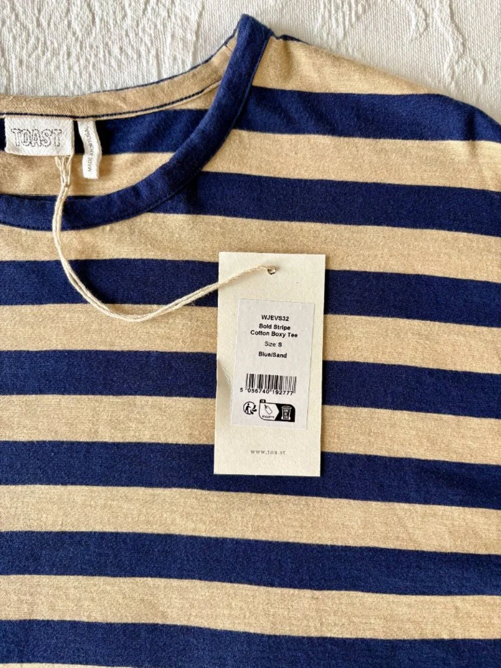 Toast Bold Stripe Cotton Boxy Tee in Blue/Sand - Sz. Small - Brand New with Tags - Picture 7 of 13